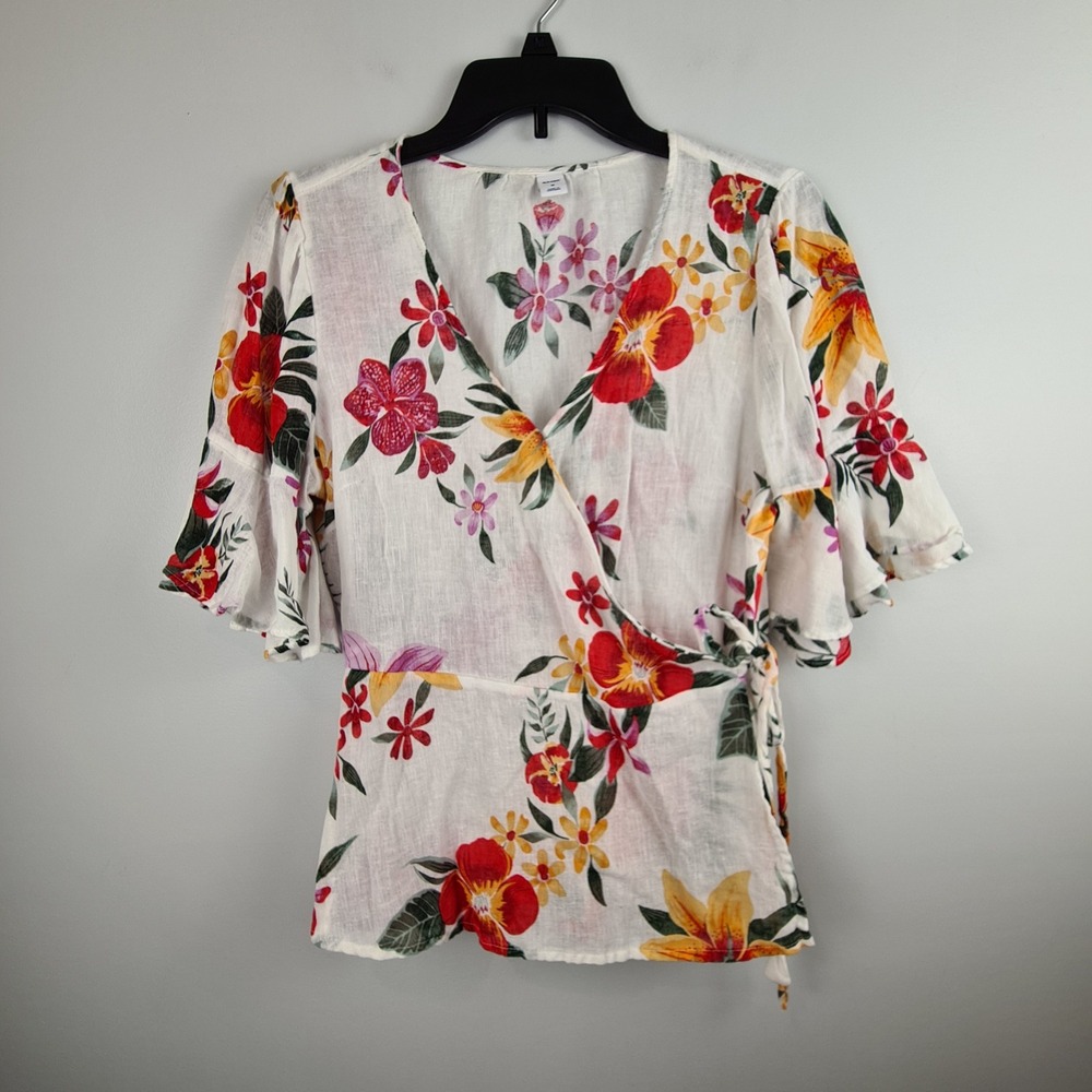 Old Navy Womens White Floral Linen Blend Wrap Blouse Flutter Sleeve Medium